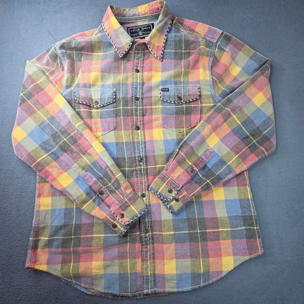 True Grit Mens Corduroy Plaid Button Down Shirt Large Multi Color Whipstitch L